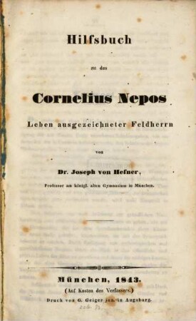 Hilfsbuch zu des Cornelius Nepos Leben ausgezeichneter Feldherrn