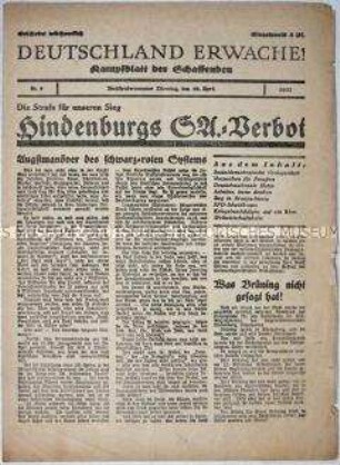 NS-Wochenblatt "Deutschland erwache!" u.a. zu dem SA-Verbot durch Paul von Hindenburg