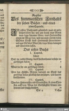 Register Des summarischen Innhalts der sieben Bücher, und eines jeden Capitels