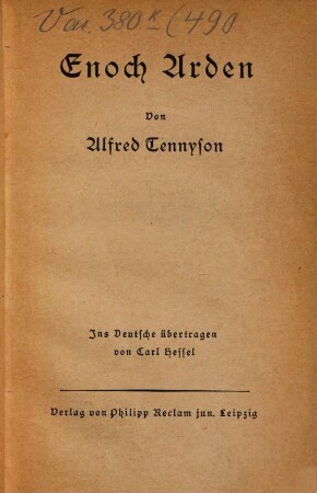 Enoch Arden : von Alfred Tennyson. Ins Deutsche übertragen von Carl Hessel