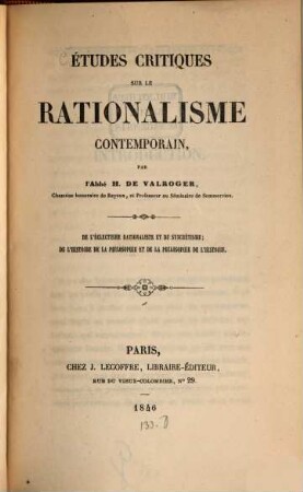Etudes critiques sur le rationalisme contemporain
