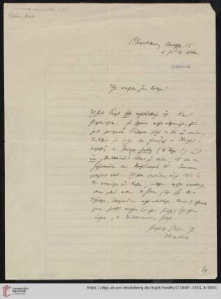 Nachlass Gustav Radbruch. Korrespondenz Max Weber/Gustav Radbruch: Brief von Max Weber an Gustav Radbruch