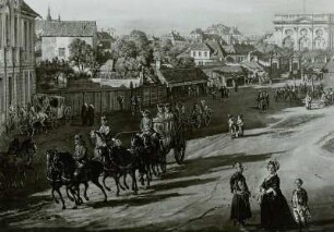 Warschau, Eiserner-Tor-Platz (links Rokoko-Palais der Familie Wielopolski, später den Fürsten Radziwill und Lubomirski gehörend, ganz rechts die Kuppel der klassizistischen, protestantischen Kirche) : Wagen, Karossen, Bellotto-Gemälde