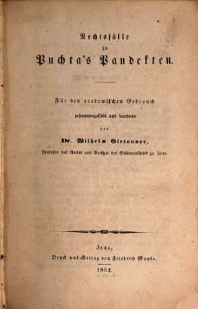 Rechtsfälle zu Puchta's Pandekten : für den academischen Gebrauch