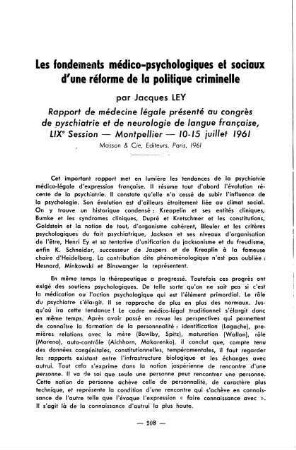 208-210, Les fondements médico-psychologiques et sociaux d'une réforme de la politique criminelle, par Jacques Ley