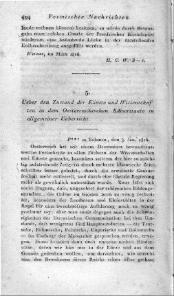 Ueber den Zustand der Künste und Wissenschaften in dem Oesterreichischen Kaiserstaate in allgemeiner Uebersicht
