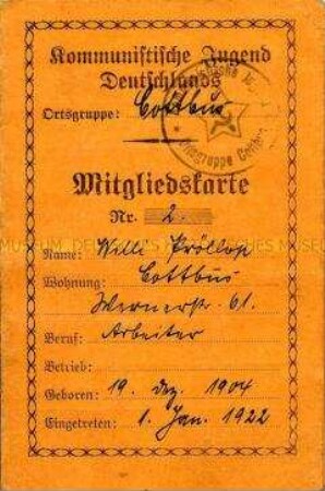 Mitgliedsausweis der Kommunistischen Jugend Deutschlands