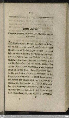 Letztes Kapitel. Allgemeine Übersicht der Sitten und Regierungsform des Kirchenstaates