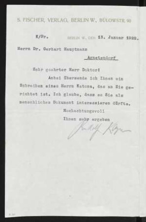 Brief von Rudolf Kayser von S.-Fischer-Verlag  an Gerhart Hauptmann