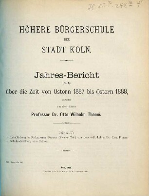Jahres-Bericht : über die Zeit von Ostern ... bis Ostern .... 1887/88
