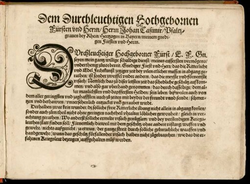Dem Durchleuchtigen ... Herrn Johan Casimir Pfalzgraven bey Rhein, Herzogen in Bayern ...