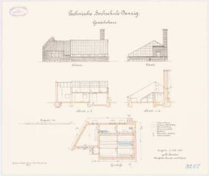 Technische Hochschule Danzig Gewächshaus: Grundriss, Längsschnitt und Querschnitt, Ostansicht, Südansicht, 1:100
