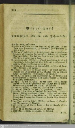 Verzeichniß der vornehmsten Messen und Jahrmärkte