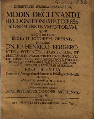 Dissertatio ivridica inavgvralis de modis declinandi recognitionem et diffessionem instrvmentorvm