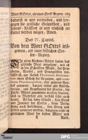 Das IV. Capitel. Von dem Wort GOttes insgemein, als einer köstlichen Seelen-Arzney.