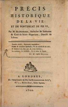 Précis historique de la vie ... de Pie VI.