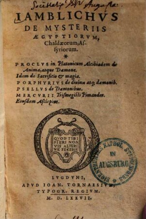 Jamblichus De mysteriis Aegyptiorum, Chaldaeorum, Assyriorum