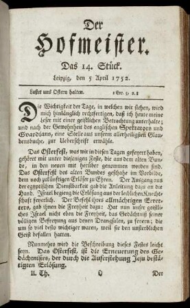 Das 14. Stück. Leipzig, den 5 April 1752.