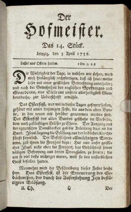 Das 14. Stück. Leipzig, den 5 April 1752.