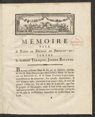 Mémoire Pour le Baron De Bœcklin De Bœcklins-Au: Contre le nommé François-Joseph Balayne