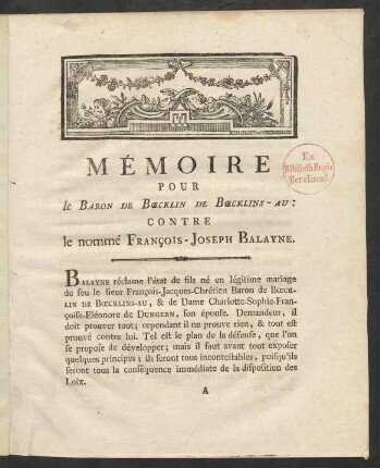 Mémoire Pour le Baron De Bœcklin De Bœcklins-Au: Contre le nommé François-Joseph Balayne