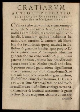 Gratiarum Actio Precatio Recitata In Auditorio Theologico ... Anno LXXXV.
