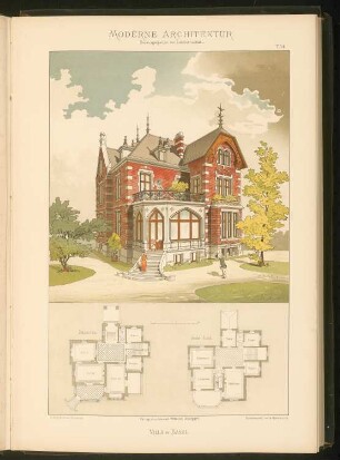 Villa, Basel: Grundrisse und Perspektive (aus: Moderne Architektur, hrsg. Lambert & Stahl, Stuttgart 1891)