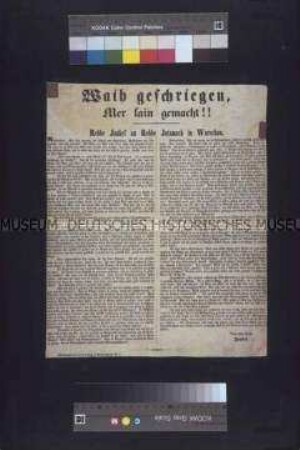 Satrisches Flugblatt: Waih geschriegen, Mer sain gemacht!! Brief des Rebbe Jankef an Rebbe Jatzmach in Warschau über die Revolution in Preußen; undatiert