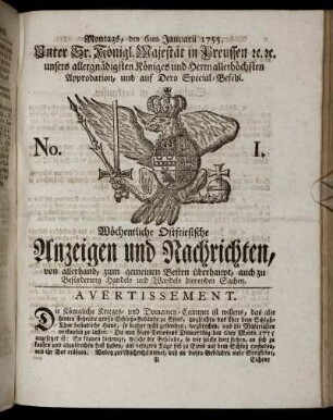 No. 1. Montags, den 6ten Januarii, 1755.