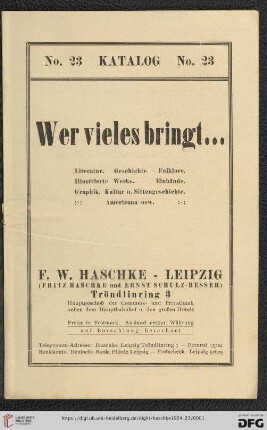 Nr. 23: Katalog: Wer vieles bringt... : Literatur, Geschichte, Folklore, illustrierte Werke, Einbände, Graphik, Kultur u. Sittengeschichte, Americana usw.