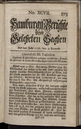 No XCVII. Auf das Jahr 1736. den 4. Decemb. - No. CIII. Auf das Jahr 1736. den 28 Decemb.