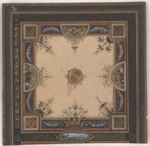 Dresden, Rittergut Altfranken, Deckengestaltung, Entwurf : Dresden, Rittergut Altfranken, Entwurf zur Gestaltung einer Decke, unbekannter Zeichner, 2. Hälfte 19. Jh. Feder, Pinsel in Deckfarbe/Papier. 32,1 x 32,8 cm. Bez.: "XV" (Blattrückseite).