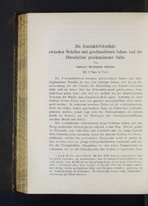 Die Kontakt-Potentiale zwischen Metallen und geschmolzenen Salzen und die Dissociation geschmolzener Salze.