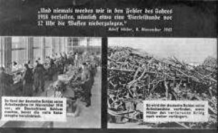 Bebildertes anglo-amerikanisches Abwurf-Flugblatt mit einem Vergleich der Lage im November 1918 und im November 1943