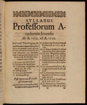 Syllabus Professorum Academiae Jenensis ab A. 1558. ad A. 1658.