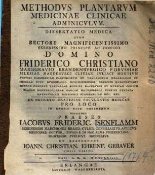 Methodvs Plantarvm Medicinae Clinicae Adminicvlvm : Dissertatio Medica