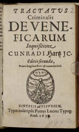 Tractatus Criminalis De Veneficarum Inquisitione Cunradi Hartz IC.