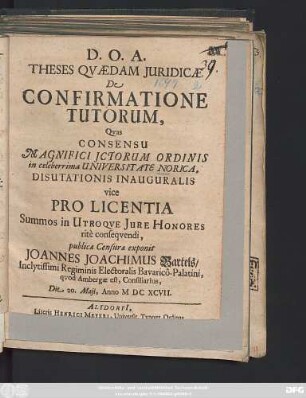 Theses Quaedam Iuridicae De Confirmatione Tutorum