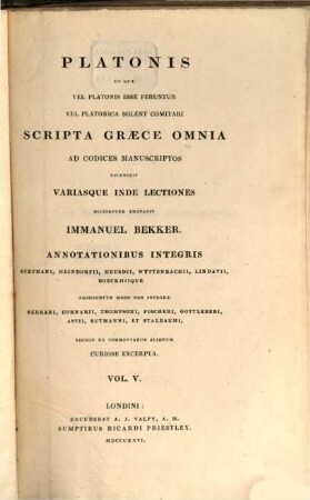 Platonis et quae vel Platonis esse feruntur vel Platonica solent comitari scripta Graece omnia ad codices manuscriptos, 5