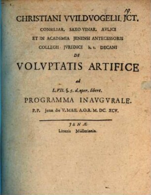 Christiani Wildvogelii ... De voluptatis artifice ... : programma inaugurale