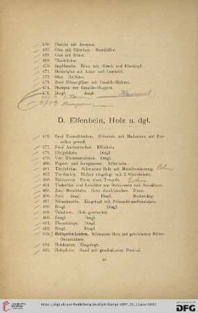 D. Elfenbein, Holz u. dgl. (Nr. 476- 530)