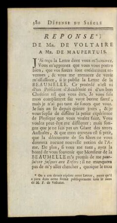 Reponse*) De Mr. De Voltaire A. Mr. De Maupertuis
