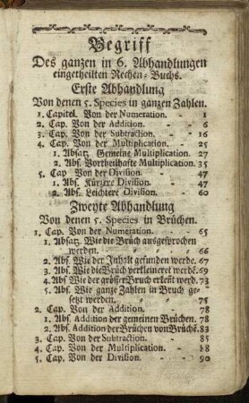 Begriff Des ganzen in 6. Abhandlungen eingetheilt Rechen-Buchs.