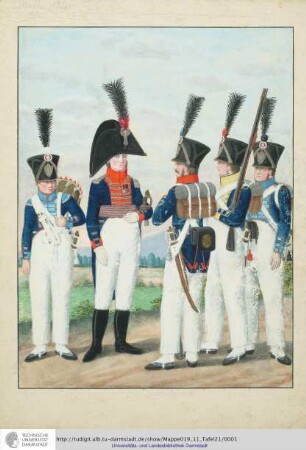 Abbildung Des Gros[s]herzoglich Hessischen Militair. [Tafel 21: Infanterie; Verschiedene Typen des Leib-Garde-Regiments, des Leibregiments und des Regiments Groß- und Erbprinz]. S.l.e.a. [ca. 1813/14]