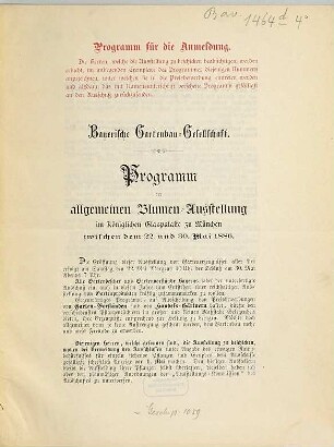 Programm der allgemeinen Blumen-Ausstellung im k. Glaspalaste zu München. 1886, Mai