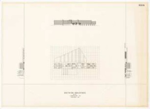 Deutsche Bibliothek, Frankfurt/Main: Grundriss 1. Obergeschoss, Ansichten Norden, Süden, Westen 1:500