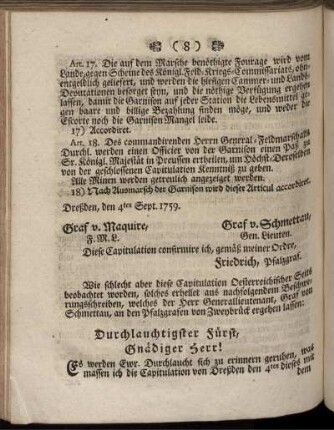 Schreiben von dem Generallieutenant von Schmettau an Ihro Hochfürstl. Durchl. Pfalzgrafen von Zweybrück