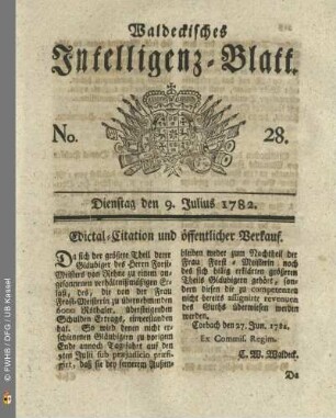 No. 28, Dienstag den 9. Julius 1782