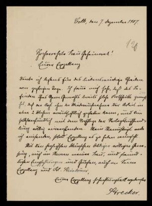 120: Brief von Otto Strecker an Gottlieb Planck, Celle, 7.12.1907