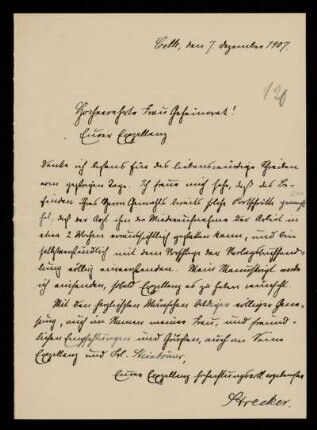 120: Brief von Otto Strecker an Gottlieb Planck, Celle, 7.12.1907